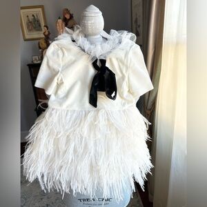 Petit Maison Girl White Dress with Real Ostrich Fur